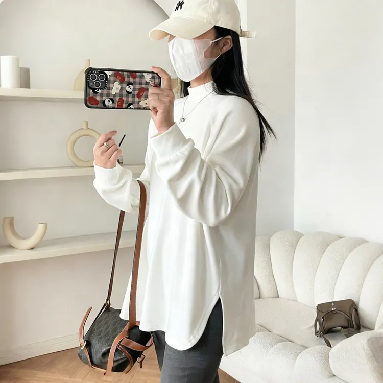 秋冬款加厚双面德绒半高领插肩袖T恤女遮胯开叉澳绒打底保暖上衣