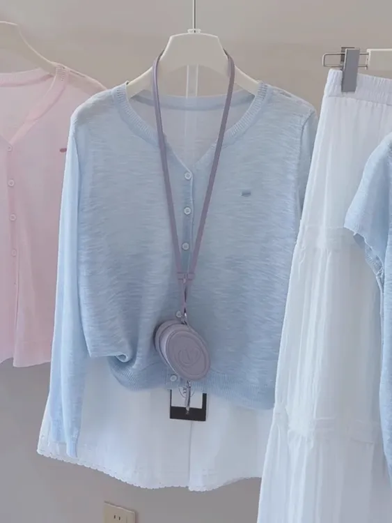 天蓝色冰丝防晒开衫女夏季薄款针织衫2025新款宽松休闲高级感上衣