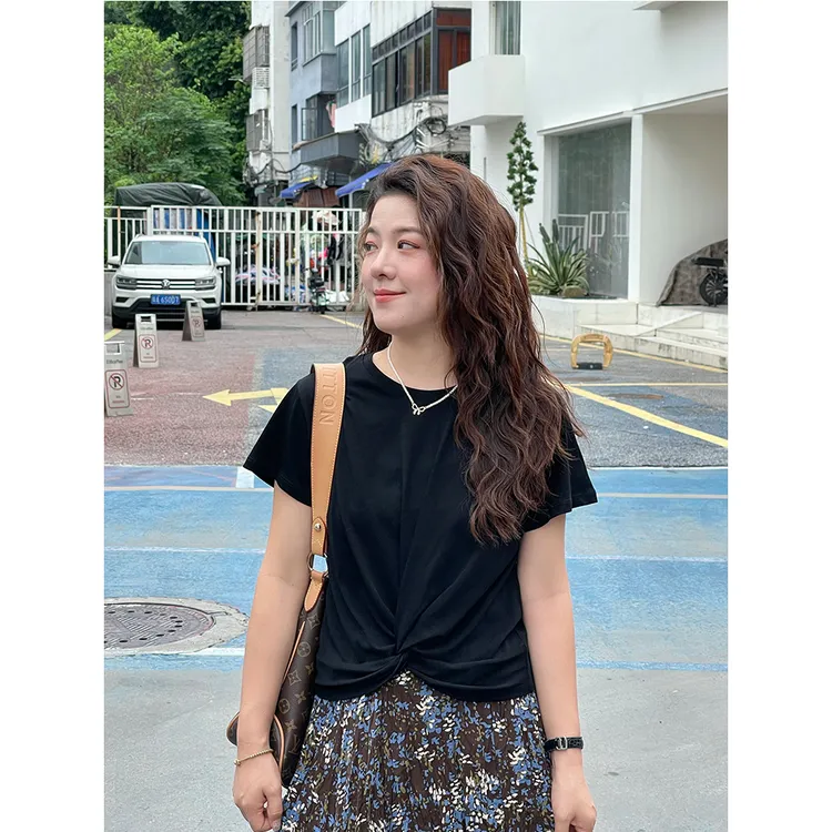 WenWen小个子韩系简约压褶设计纯色高级感短袖T恤时尚夏上衣3989