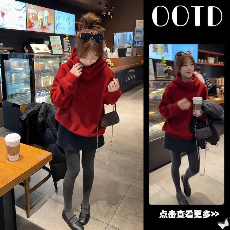 秋季流行穿搭一整套女2025新款连帽宽松红色卫衣百搭短裙两件套