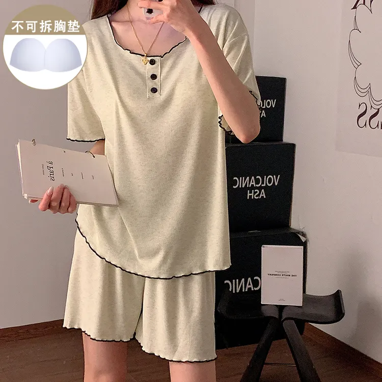 清新绿色带胸垫睡衣女新款夏季休闲短袖短裤学生宽松家居服两件套