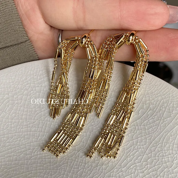 铜合金锆石耳饰 法式金属流苏链条轻奢小众设计感气质耳环长款高