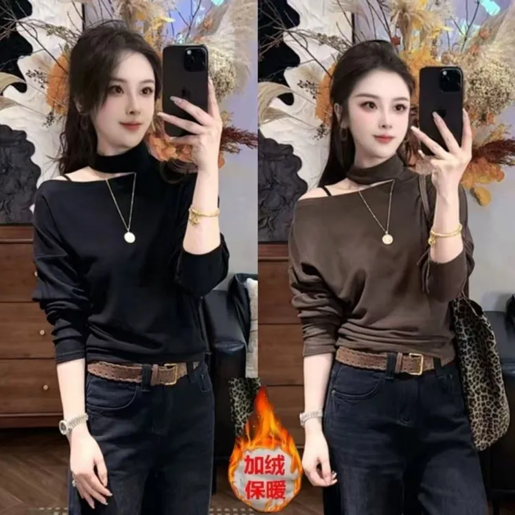 加厚磨毛挂脖露肩长袖T恤女秋冬季设计感百搭显瘦内搭打底衫上衣