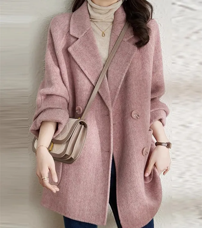 七个色/秋冬季粉色毛呢大衣女小个子中长韩版呢外套气质休闲 8803