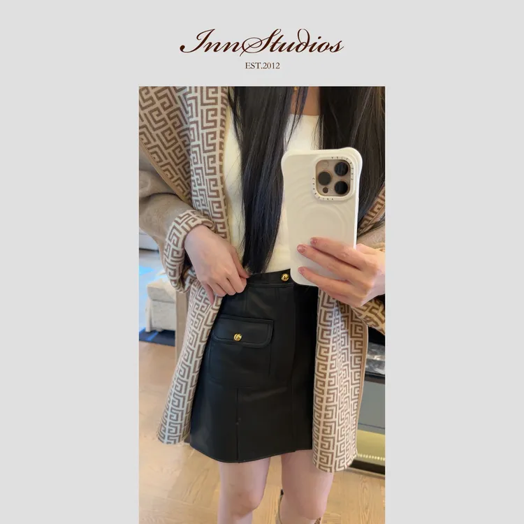 Innstudios 金扣真皮半身裙