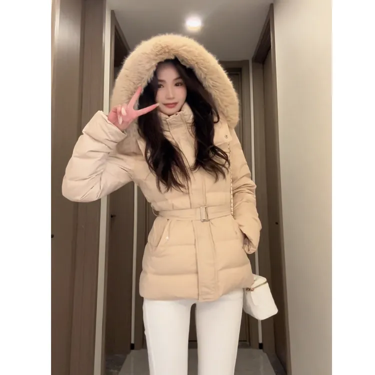 奶咖色大毛领羽绒服女冬季2025年新款系带收腰90白鸭绒加厚外套
