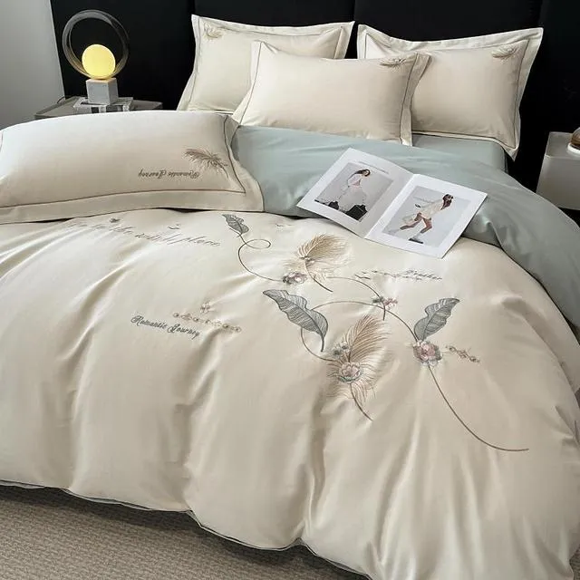 轻奢水晶家纺轻奢高端200支纯棉加厚磨毛四件套全棉刺绣被套床单