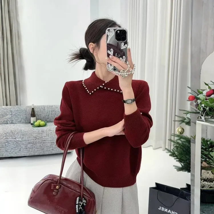 【领上璇玑】韩版翻领重工钉珠毛衣针织衫女秋冬新款宽松显瘦上衣