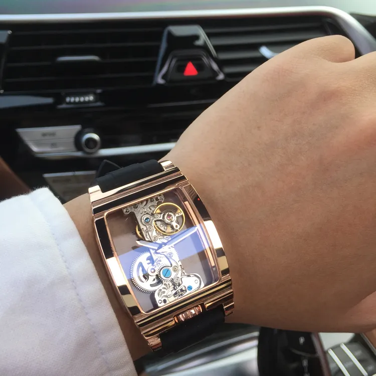 3D立体镂空酒桶型方形透明全镂空飞轮夜光防水机械男士手表