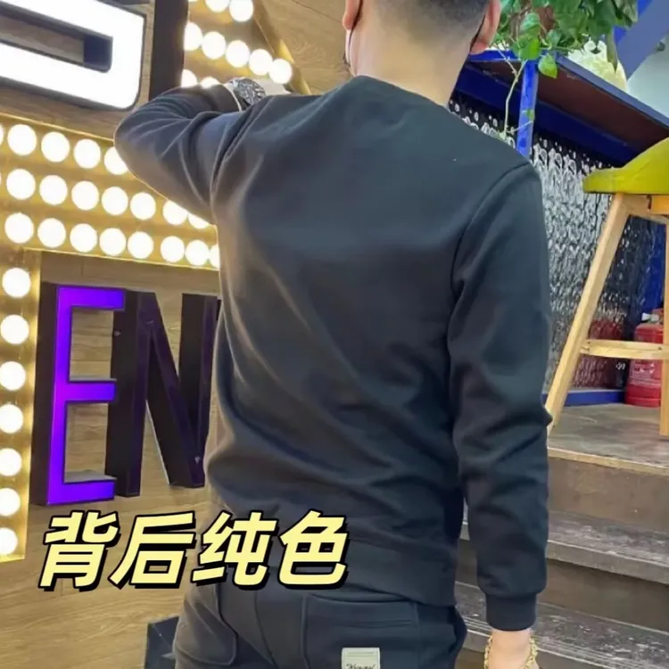 2025秋季新款时尚潮流运动休闲男士百搭印花卫衣修身弹力圆领