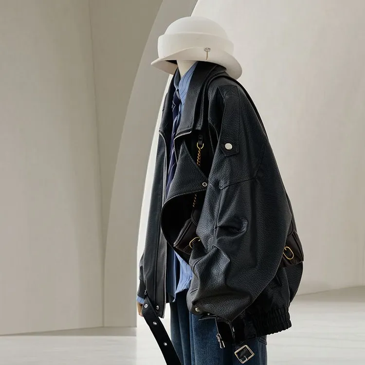 黑色荔枝纹皮衣女2025春季新款港风复古重工百搭高级感PU皮外套女