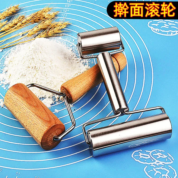 【新疆包邮】不锈钢擀面杖榉木滚轮滚筒饺子皮用压面皮烘焙双头擀面