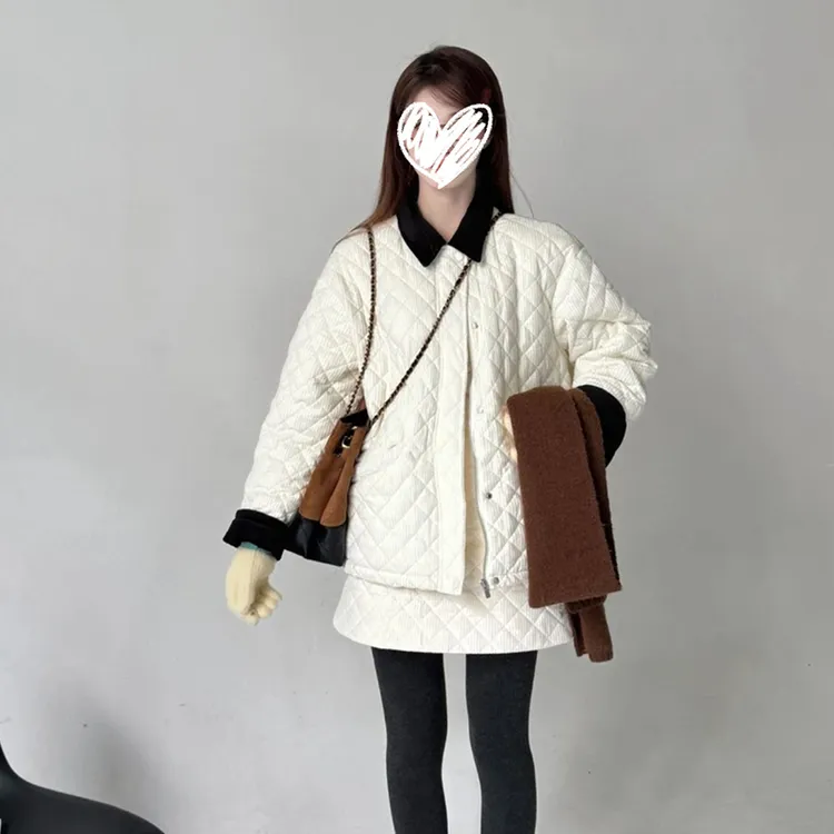 【牛奶面包】冬季新款翻领保暖菱格棉服外套高腰短裙时尚两件套装