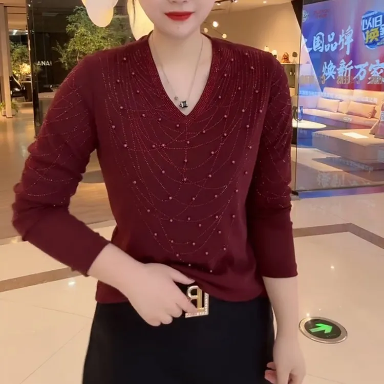 大码中老年秋季宽松长袖抗皱显瘦V领弹力网纱百搭打底小衫