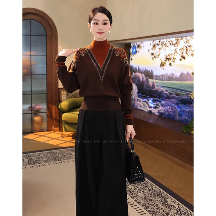 2025秋冬爆款【ZM-1023JR】含绵羊毛法式慵懒风撞色橙棕色针织毛衣