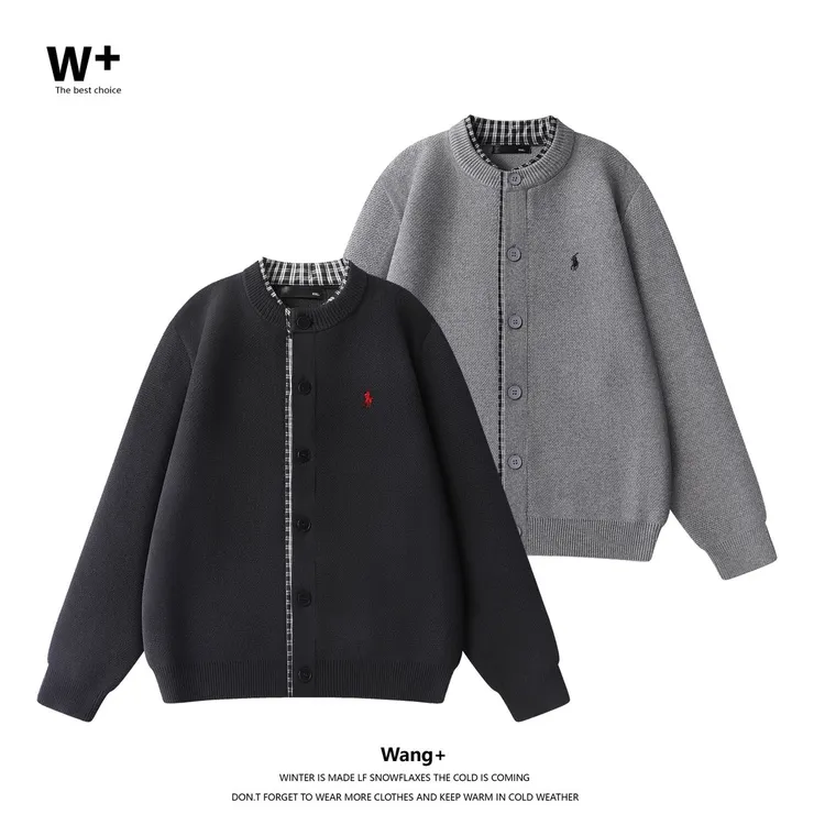 【Wang+】秋季新款男款假两件毛衣针织百搭休闲情侣开衫外套86337