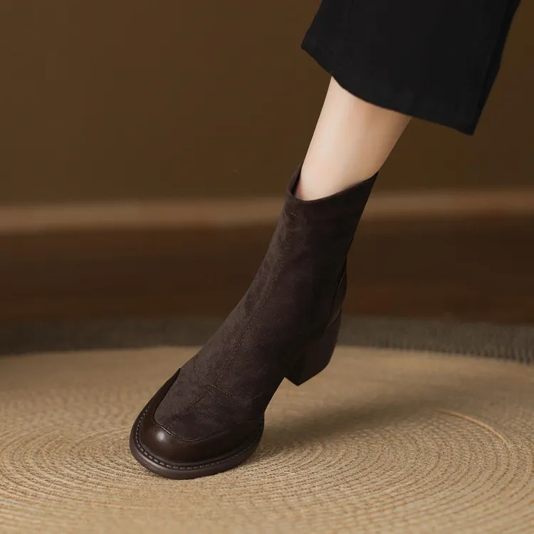粗跟高跟短靴女2025新款春秋单靴绒面弹力瘦瘦靴大码41到43