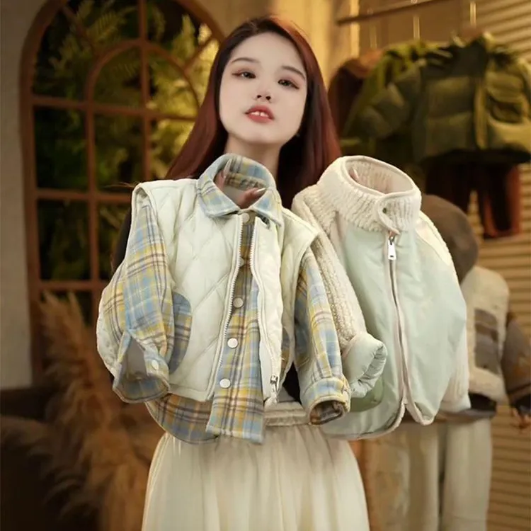 2025秋冬新款儿童男童女童拼接夹棉马甲+格纹衬衫两件套上衣套装