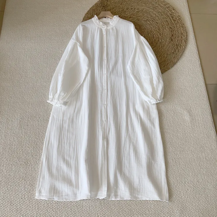 双层棉纱木耳边简约宽松立領连衣裙 长袖开衫日系纯色裙森系