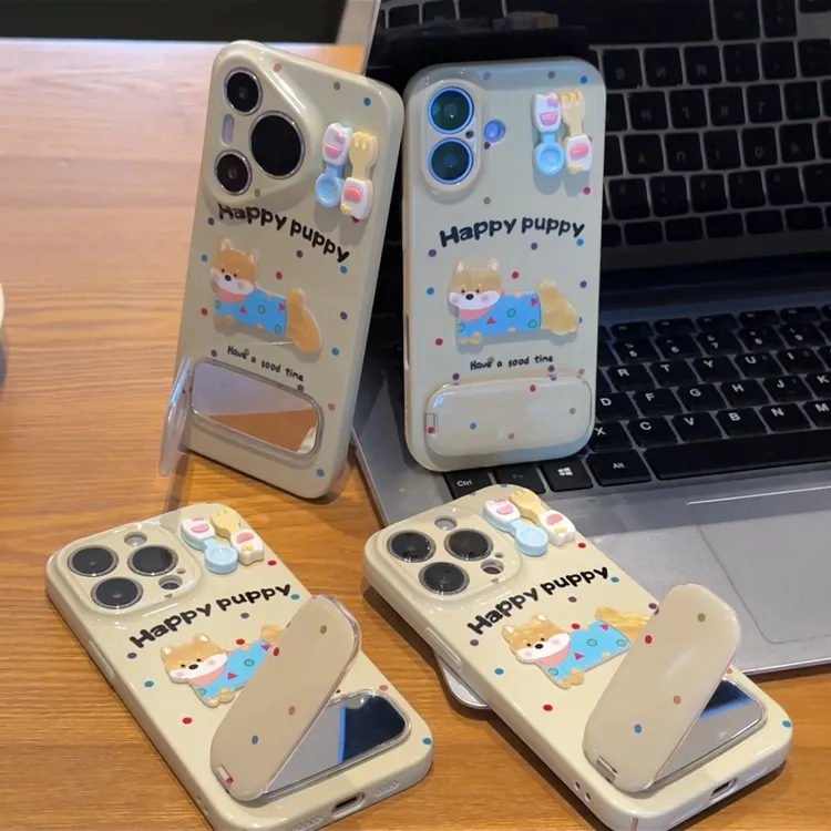 波点小狗镜子支架适用苹果17菲林手机壳华为vivo小米17oppo防摔壳