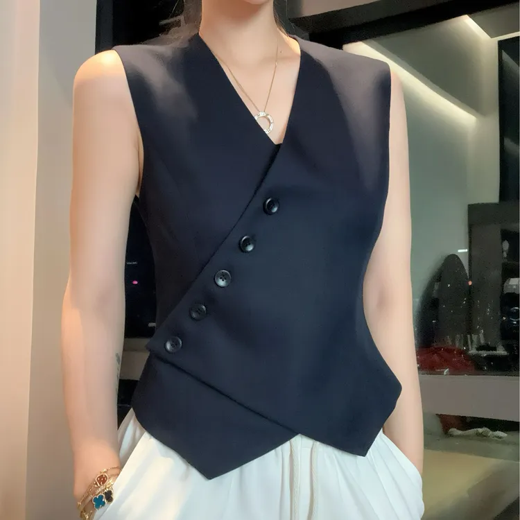 夏季高级感v领交叠藏蓝色不规则羊毛无袖马甲显瘦时尚百搭黑色