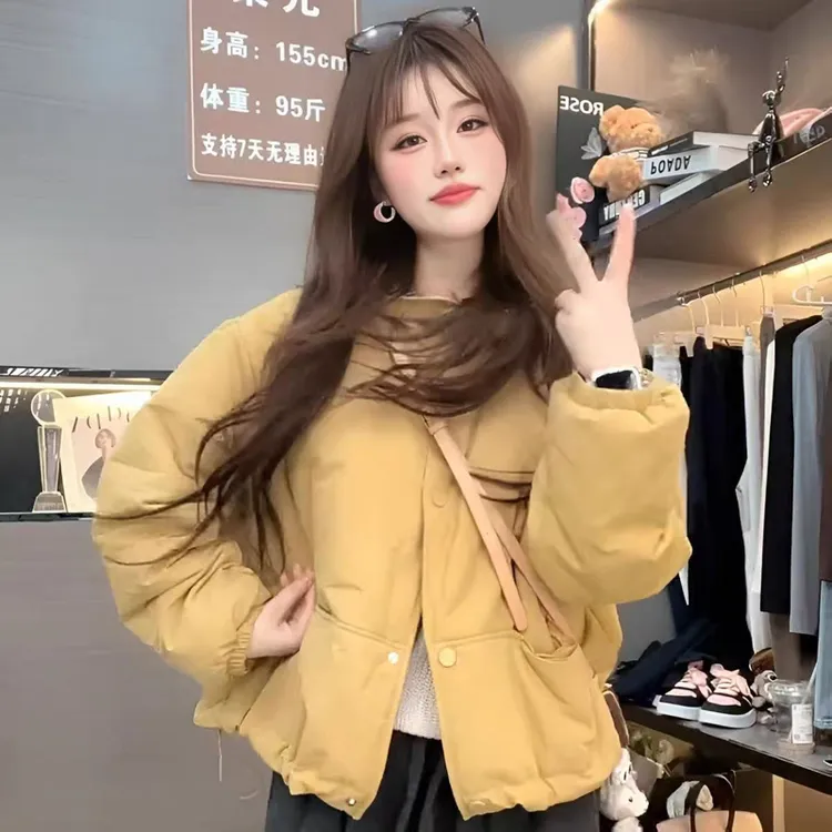 格子拼接连帽棉衣短外套秋冬2025新款韩系宽松保暖夹棉棉服 9961