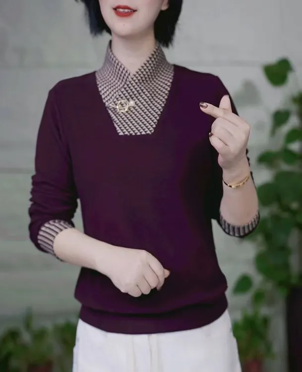 （加厚）休闲风格子半高领宽松百搭金属扣气质显瘦打底衫保暖上衣