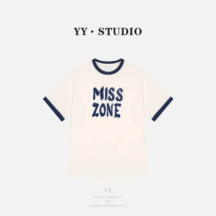 夏季新款学院风休闲百搭大码宽松显瘦字母T恤女短袖慵懒风5066