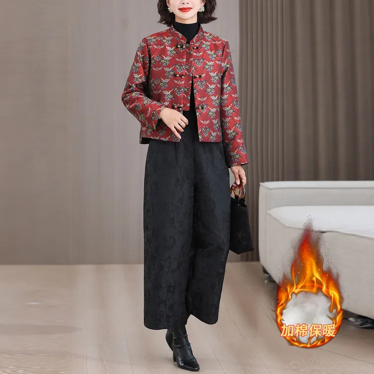 红色宋锦提花缎短外套棉裤套装秋冬新款新中式中国风复古休闲上衣
