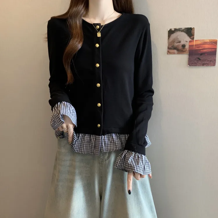 大码女装韩版假两件荷叶边格子磨毛长袖T恤秋季胖mm气质显瘦上衣