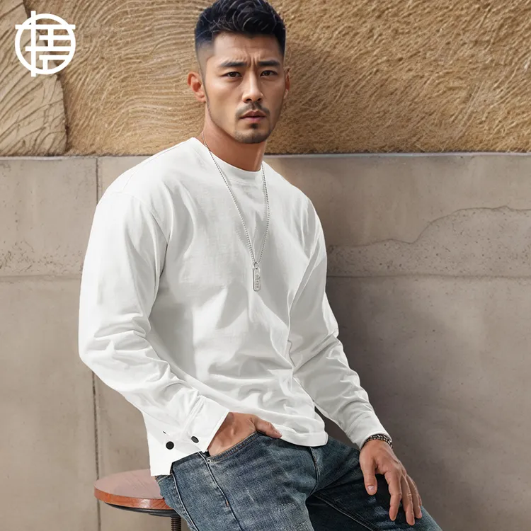 点悟280G重磅加厚长袖T恤男士纯色纯棉圆领宽松排扣打底衫秋冬季