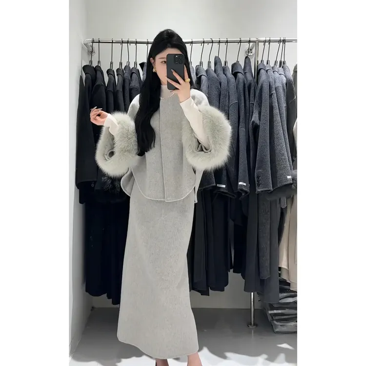 富家千金小香风大方得体穿搭一整套秋冬灰色毛呢外套半身裙两件套