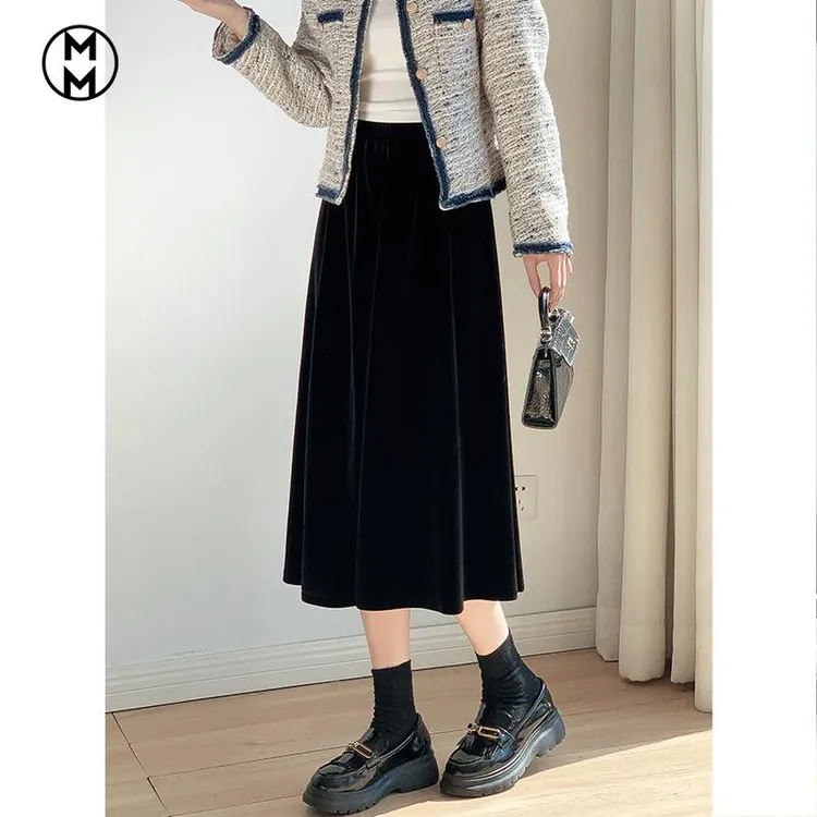 丝绒伞裙半身裙女春秋冬新款小个子高级垂坠感配小香风字裙