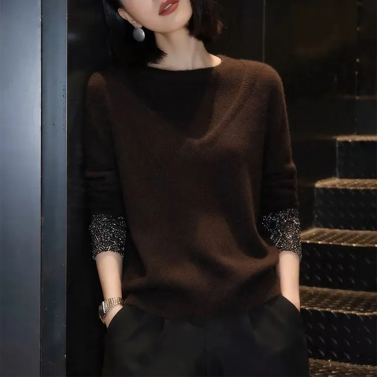 咖色套头毛衣女士秋冬慵懒高级感宽松显瘦重工烫钻内搭针织衫上衣
