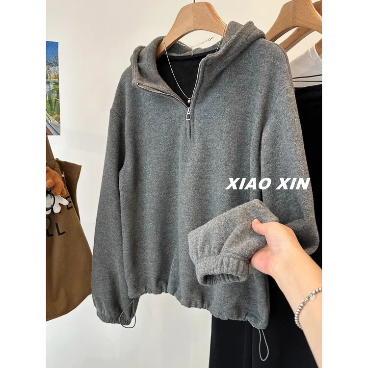 胖mm240斤大码慵懒磨毛拉链连帽套头加绒卫衣女秋冬宽松帽衫上衣