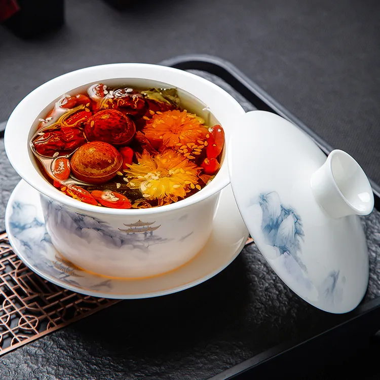 八宝茶盖碗大号350ml盖碗泡茶碗陶瓷茶具大容量盖碗大号八宝茶杯