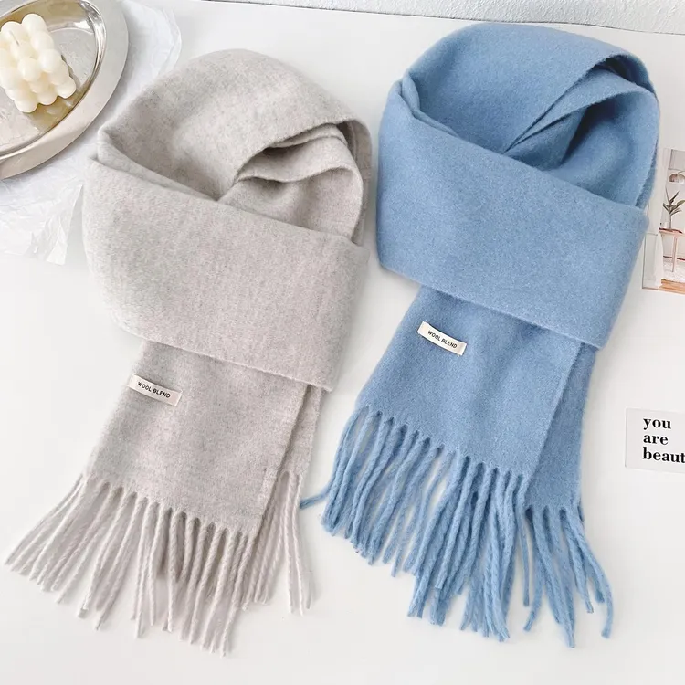 新款纯色保暖加厚围巾含羊毛温柔系秋冬季流苏披肩男女显肤白围脖