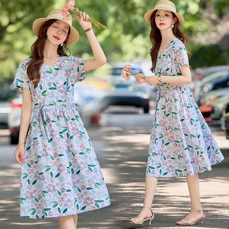 中长款碎花短袖高腰夏季2025连衣裙显瘦夏装印花女装洋气气质宽松