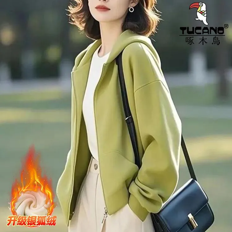 啄木鸟纯棉秋冬季加绒连帽外套开衫新款休闲慵懒风妈妈装纯色卫衣