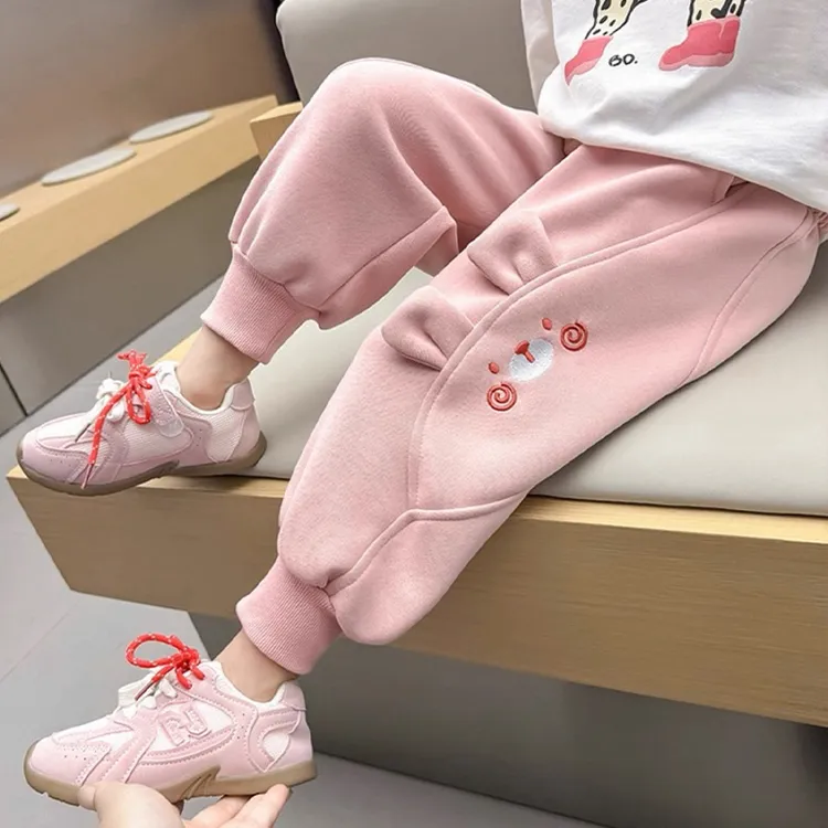 儿童秋款长裤女童宝宝卡通休闲卫裤拼接立体宽松甜美刺绣洋气裤子