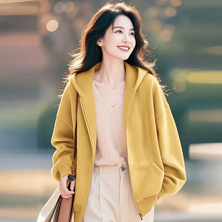 新款开衫减龄纯色百搭上衣外套时尚连帽拉链气质优雅女士显瘦卫衣