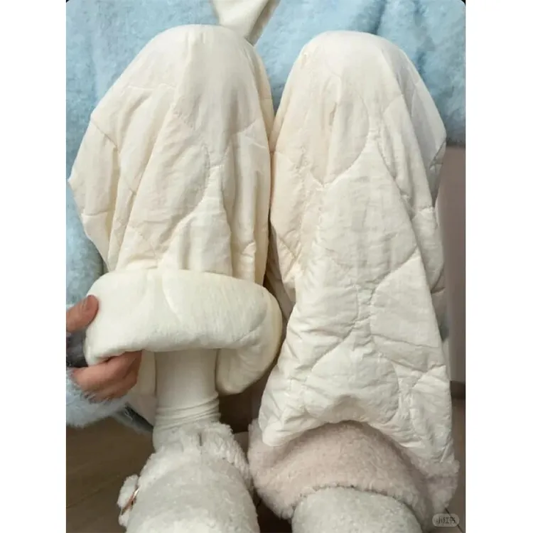 米白色摇粒绒棉裤女秋冬季外穿百搭款加绒加厚直筒保暖休闲阔腿裤