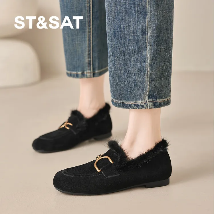 星期六鞋子女款爆款2025新款乐福鞋加绒水貂毛毛鞋一脚蹬深口单鞋
