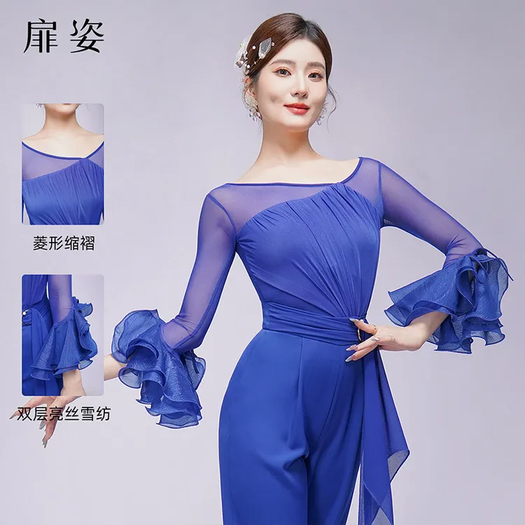扉姿 摩登舞上衣女新款专业国标舞蹈服交谊舞喇叭袖跳舞衣服F1304