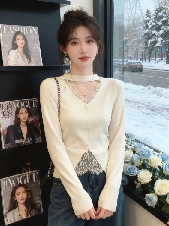 浅灰色挂脖V领打底衫女2025秋装皮草内搭短款毛衣小个子miu里上衣