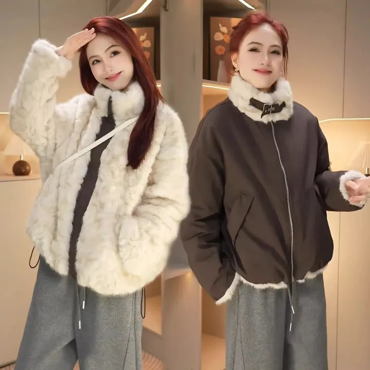 加绒加厚立领双面穿派克服女2025冬季新款宽松显瘦保暖毛绒外套潮