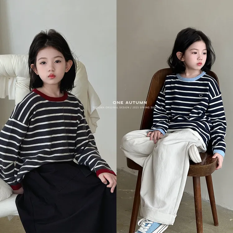 女童长袖T恤2025新款圆领春秋条纹打底衫洋气童装女孩套头上衣潮T