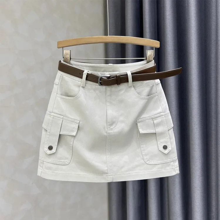 个性新款防走光高腰牛仔半身裙女2025夏季口袋纯色显瘦A字工装裙