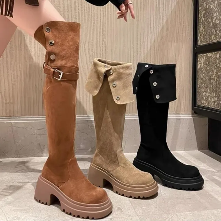 【米兰设计师】复古西部靴子女冬加绒过膝长靴两穿翻折棕色长筒靴雪