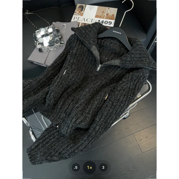 炭黑色高领毛衣外套女宽松慵懒风2025年秋冬新款百搭链接短款上衣